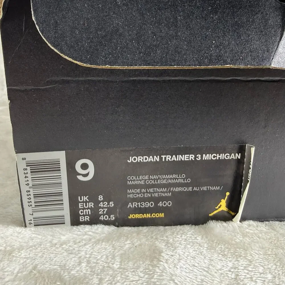 Nike Air Jordan Trainer 3 Michigan Sneakers Men's Size 9 Go Blue Athletic Shoes